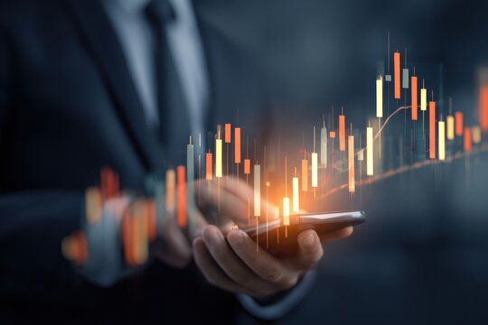 Businessman views glowing stock chart overlay on mobile phone screen. - Powered by Adobe