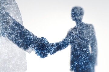 Digital handshake silhouette against bright white background with network lines.
