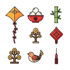 Chinese New Year Icon Set: Kite, Tangyuan, Bamboo, Money Tree, Ornament, Bird, Tassel