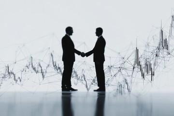 Silhouettes of businessmen shaking hands over abstract financial data.