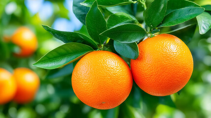 Two ripe oranges dangle from healthy green leaves in a bright orchard. Warm sunlight enhances the vibrant color of the fruit, representing agriculture, farming, and freshness
