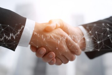 Business handshake overlaid with financial charts and network connections.