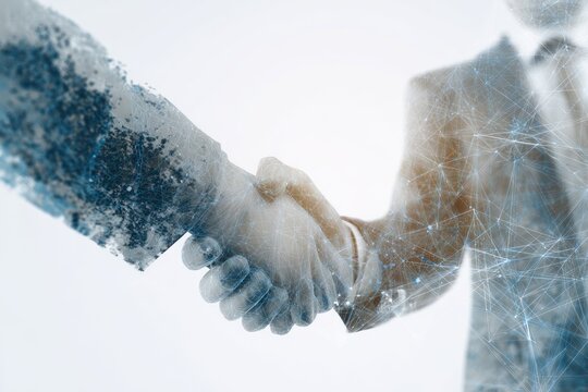 Business handshake overlaid with abstract digital network patterns and particles.