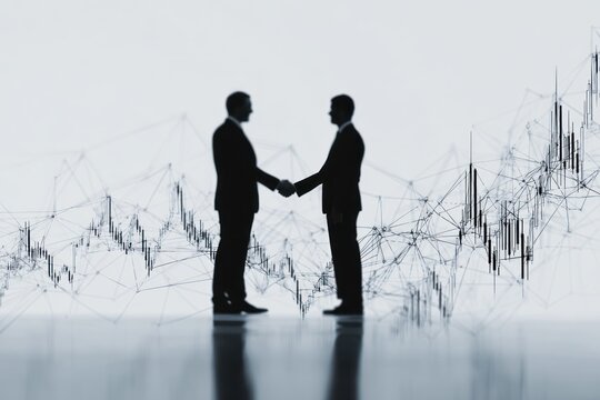Silhouettes of businessmen shaking hands over abstract financial data.
