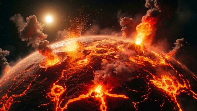 Volcanic planet erupting with lava and smoke during its early formation in the vast cosmos