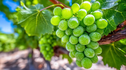Bunch of fresh green grapes growing on vine in vibrant vineyard. Sunlight enhances colors, showing healthy foliage and ripe fruit. Concept of agriculture, winemaking, wellness