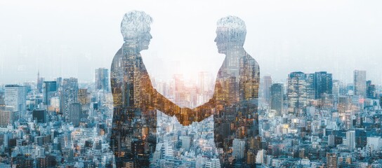 Double exposure of two business silhouettes over a city skyline.