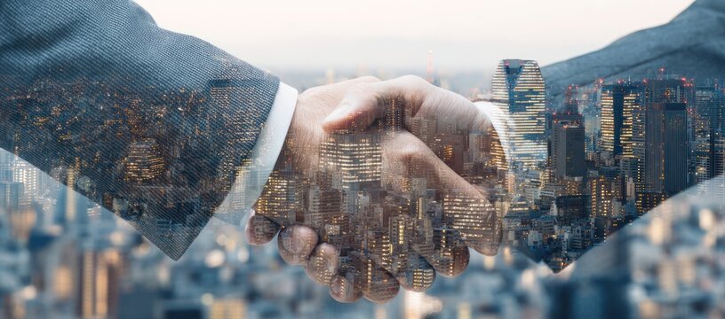 Double exposure handshake over illuminated city skyline at dusk