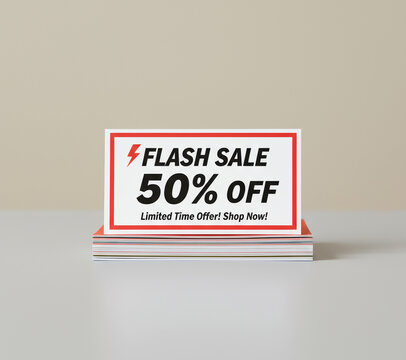 A promotional tabletop sign announces a fifty percent discount with a limited time offer, encouraging customers to shop now