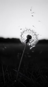 Black and white close-up of a dandelion seed head with seeds blowing in the wind at sunset.