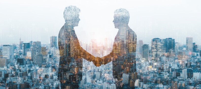 Double exposure of two business silhouettes over a city skyline.