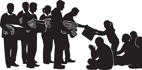 Diverse silhouetted volunteers distributing aid to underserved community members globally