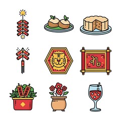 Chinese New Year icon set with tiger zodiac, firecrackers, food, and decorations.