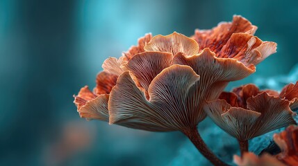 Fototapeta premium Macro shot of orange mushrooms with fine gills against a blue background. Use this for designs related to nature, fungi, or unique abstract textures.