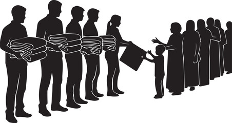 Diverse volunteers distribute food parcels to community members in a line for support