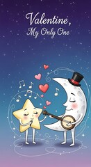 Cartoon moon playing banjo with star singing hearts and musical notes illustration