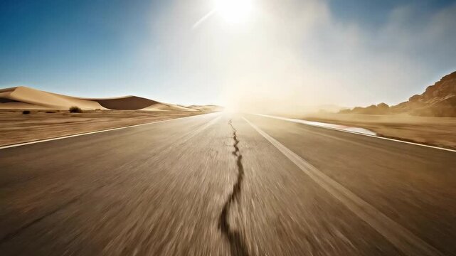Experience exhilarating speed on desert highway adventure with stunning sun flare and motion blur perfect for travel and automotive ads