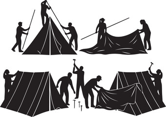 Silhouettes of people working together assembling tents for international volunteer day activities