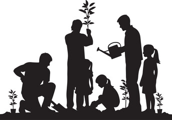 Family planting trees together for international volunteer day community gardening outdoor activity