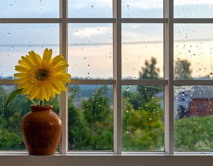 Yellow sunflower in a brown vase by a white window with raindrops, view of nature in the background