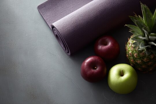 healthy lifestyle visuals with fresh food and yoga mat, balanced theme