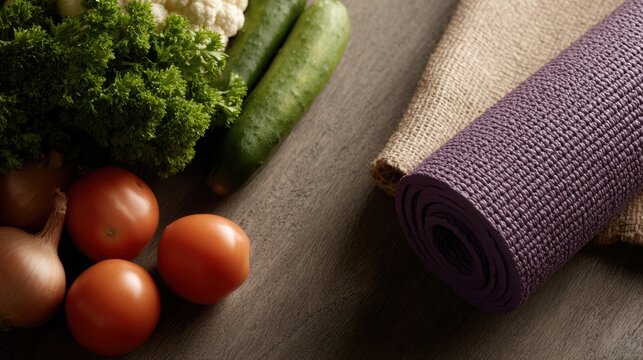 healthy lifestyle visuals with fresh food and yoga mat, balanced theme
