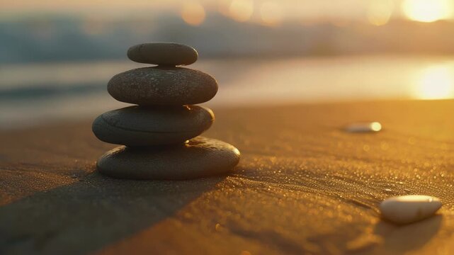 Serene beach setting with balanced stone pyramid.