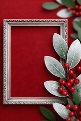 Silver frame with winter foliage and red berries on a red background. Christmas and New Year greeting card mockup. Winter holiday celebration concept.