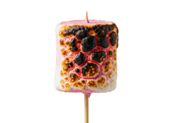 Extreme close-up of a perfectly roasted, charred pink marshmallow on a skewer, highlighted by dramatic backlighting against a transparent studio background with copy space. concept for nostalgic