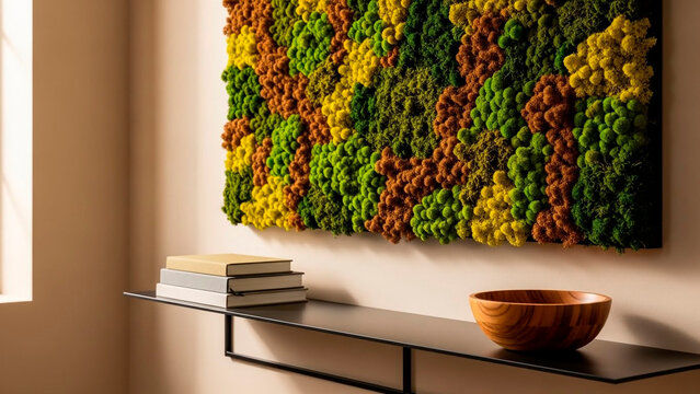 Modern interior design featuring a vibrant moss wall art panel creating an inviting, earthy atmosphere with books and a wooden bowl on a sleek shelf