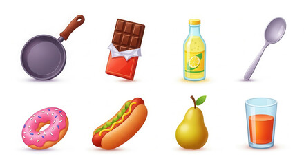 Colorful flat illustration of various food items including a frying pan, chocolate bar, beverage bottle, spoon, donut, hot dog, pear, and glass of juice arranged artistically for culinary themes