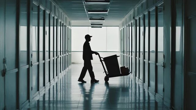Silhouette of Delivery Man Pushing Cart in Hallway, Delivering Parcels, Packages, Bright Window in Background, Business Deliveries, Express Shipping