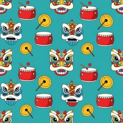 Chinese New Year Lion Dance Seamless Pattern with Drums and Cymbals on a Teal Background