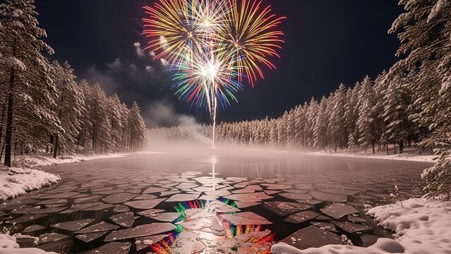 Vivid fireworks burst over a partially frozen lake surrounded by snow-covered trees at night