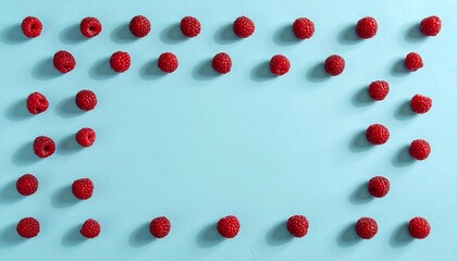 Red Raspberries Arranged in a Frame on a Light Blue Background.