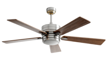 Brushed nickel ceiling fan with five wooden blades and integrated light metal, Isolated On Transparent Background, Png Cut Out