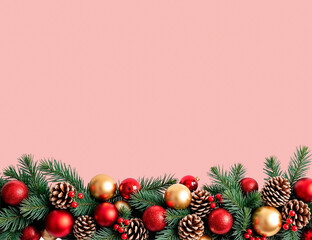 Christmas decorations over red background with copy space
