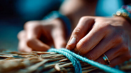 Hands tie a blue cord around natural straw material, showcasing handmade crafts, creativity, and artisanal skills
