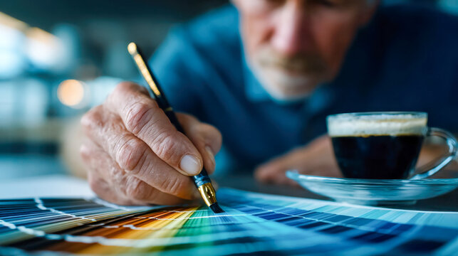 Artist choosing colors on a swatch palette while painting with a brush beside a cup of coffee