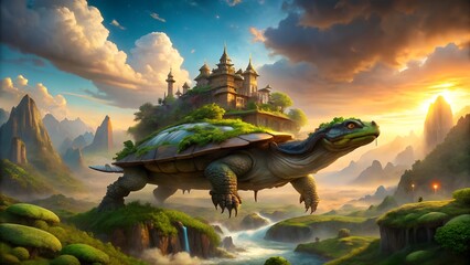 Fantasy turtle carrying a castle through a lush landscape at sunset with dramatic clouds