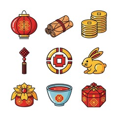 Collection of Chinese New Year icons including a red lantern, gold rabbit, and lucky coins.