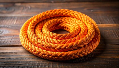 Coiled Orange Synthetic Rope on Dark Wooden Surface with Braided Texture and Vivid Contrast