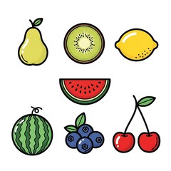 Collection of colorful cartoon fruit icons: pear, kiwi, lemon, watermelon, blueberry, and cherry.