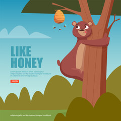 Obraz premium Bear with honey. wild cartoon animal bear going to bee house on tree