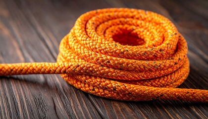 Coiled Orange Synthetic Rope on Dark Wooden Surface with Braided Texture and Vivid Contrast