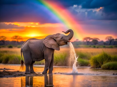 Elephant drinking water under a vibrant rainbow at sunset in the african savanna landscape