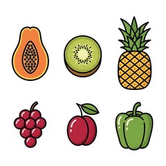 Collection of stylized fruit and vegetable icons: papaya, kiwi, pineapple, grapes, plum, and green pepper.