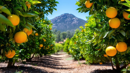 Rows of orange trees laden with ripe fruit extend towards majestic mountain in bright sunlight. Lush landscape invites exploration and reflects agricultural beauty