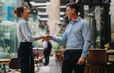 Two coworkers celebrate a successful agreement with a friendly handshake in a bright, contemporary workplace.