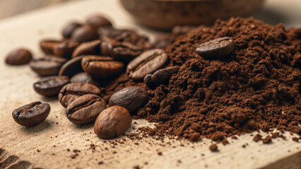 Freshly Ground Coffee Powder Next to Whole Roasted Beans